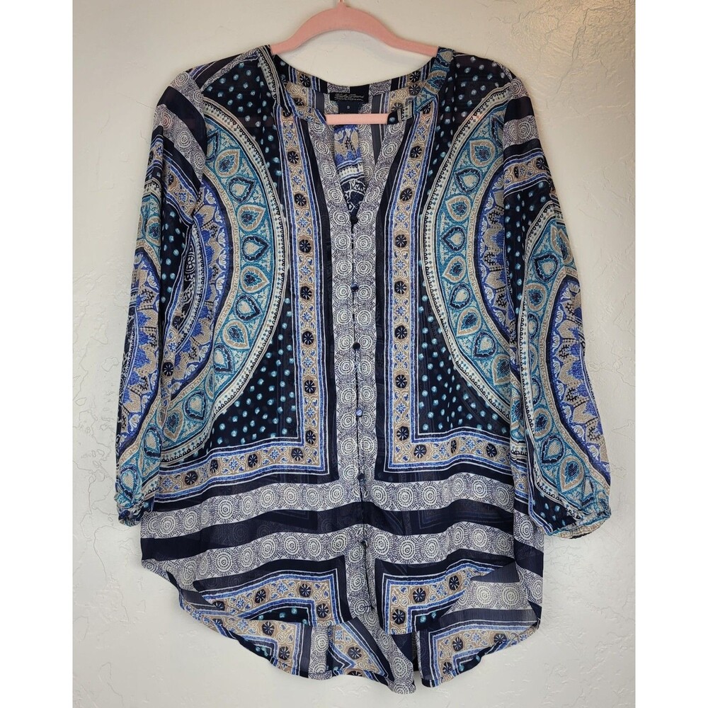 Lucky Brand Womens Sz S Boho Paisley Print Blouse Blue Semi Sheer 3/4 Sleeve Top